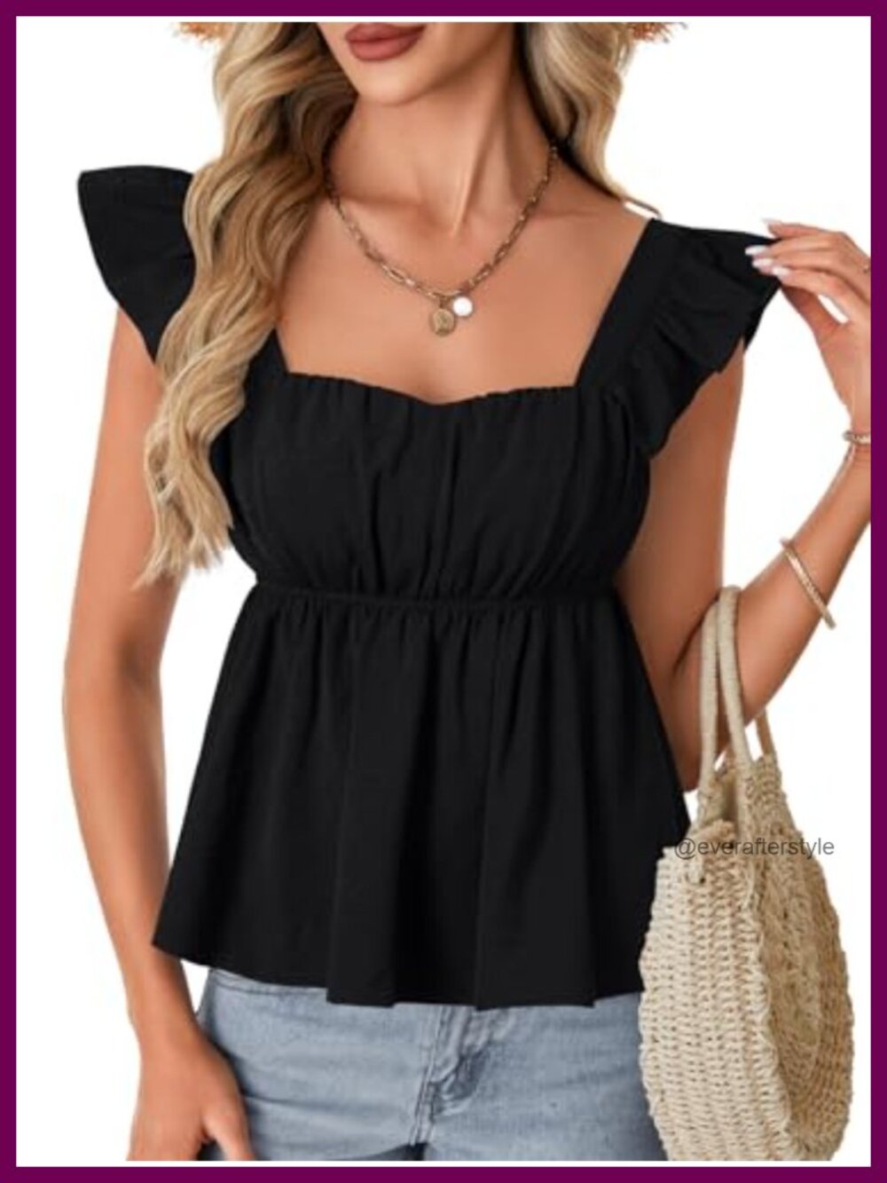 Square Neck Peplum Ruffle Cap Sleeve Babydoll Blouse Tank Top